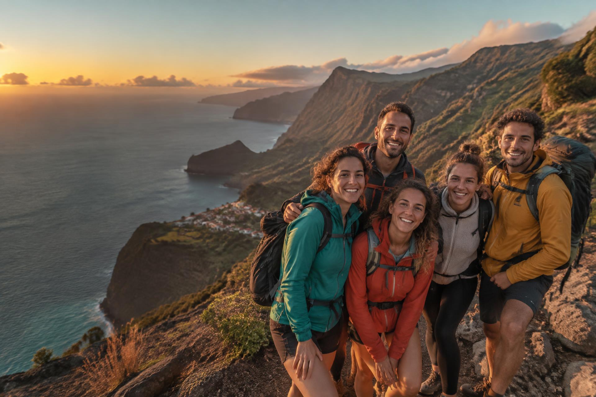 Grupo de viajantes num trilho costeiro da Madeira ao pôr do sol
